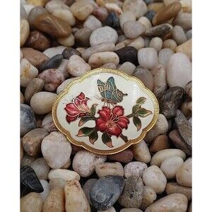 Vintage Oval Cloisonne Enamel Flowers and Butterfly Brooch Pin White Gold Tone